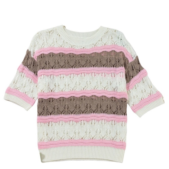 Brown Stripe Color Block Hollow Out Crochet Half Sleeve Sweater Bohemian Blouse - Picture 9 of 11